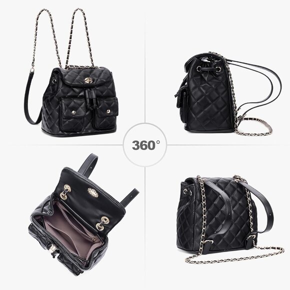 Women’s Small Vegan Leather Quilted Convertible Backpack Purse Black - Picture 3 of 6